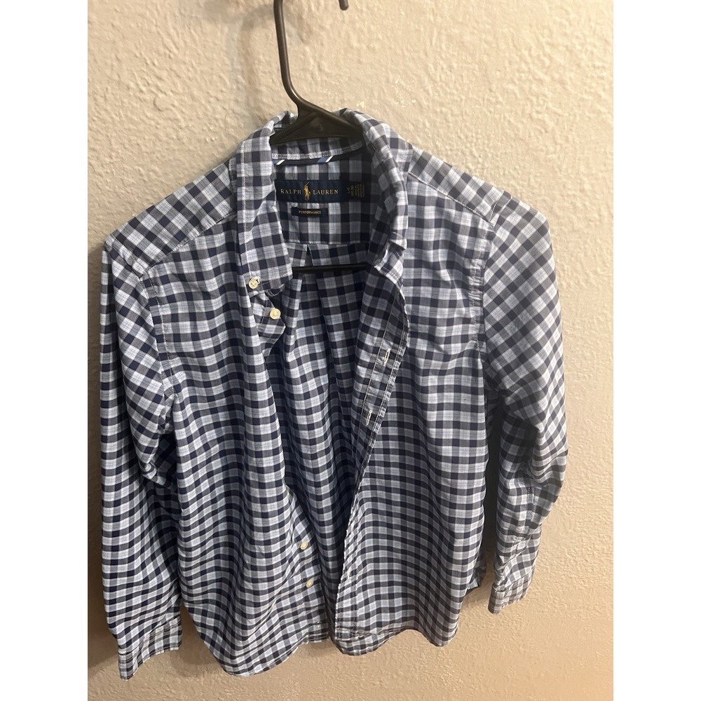 Ralph Lauren Shirt Boys Size Large 14/16 Blue Plaid Performance Long Sleeve